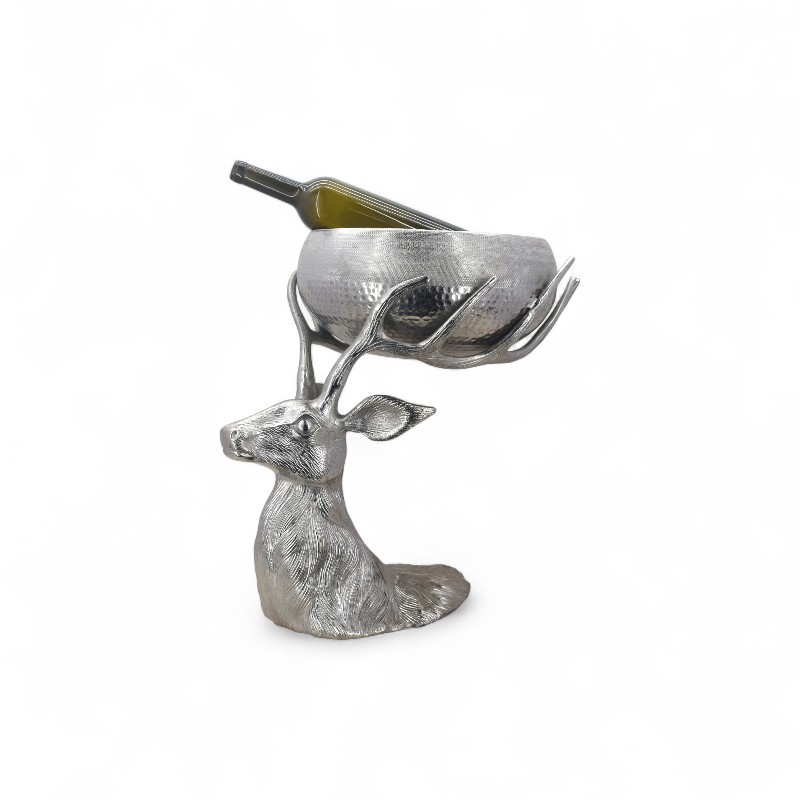 Silver Deer Wine Bottle Holder on a Black Base