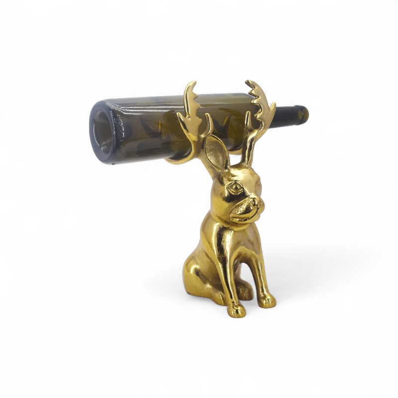 Gold French Bulldog with Antlers Wine Bottle Holder