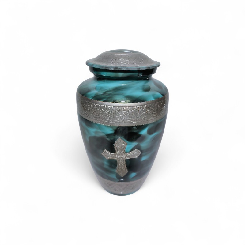 Teal and Silver Cross Cremation Urn